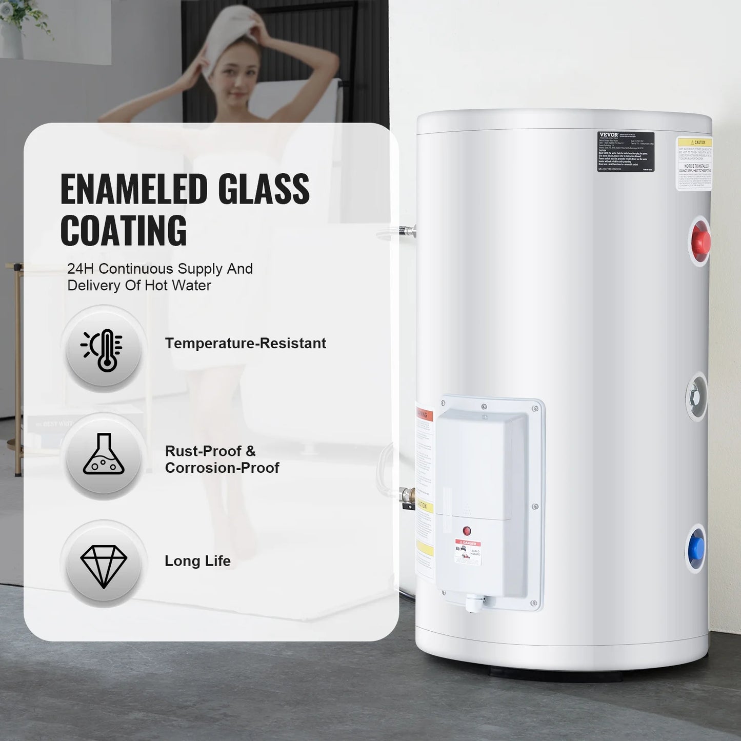 VEVOR Electric Water Heater, 18 Gallon Tank Instant Hot Water Heater, 1.6Kw Tankless Water Heater w/ LED Display,Knob Control, IPX4 Waterproof Side Connection On Demand Heaters for Shower, Bath