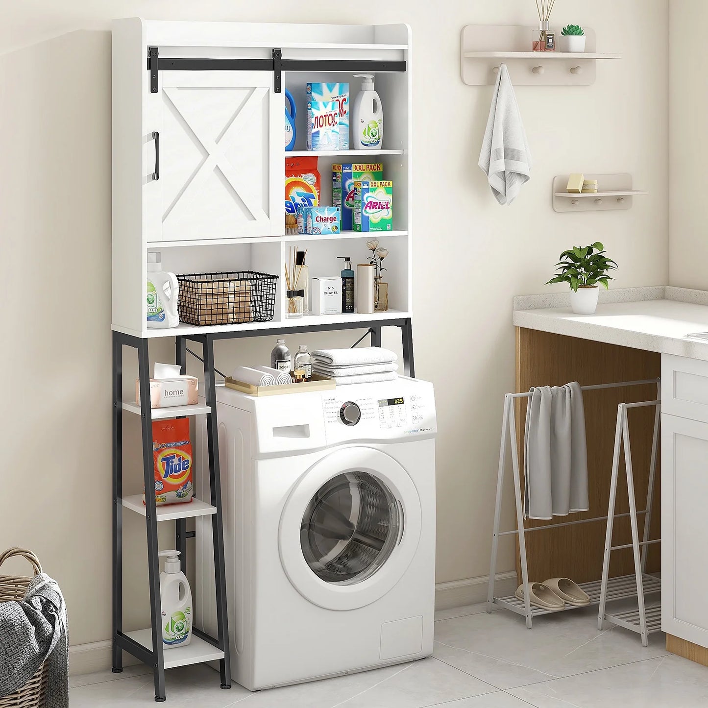 Vabches Over The Toilet Storage Cabinet with Sliding Door and Integrated Toilet Paper Holder, Ideal for Bathrooms, Restrooms, and Laundry Rooms.