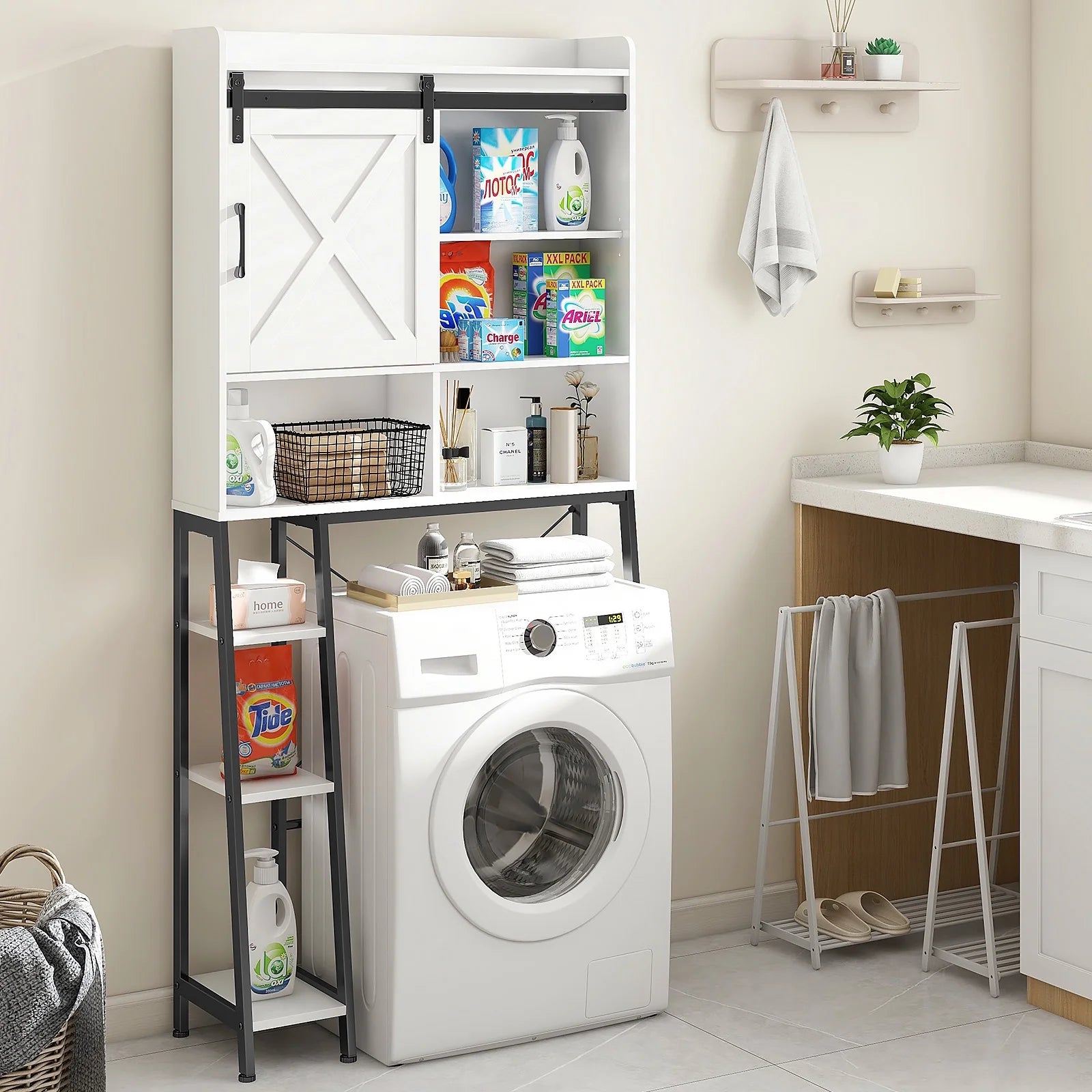 Vabches Over The Toilet Storage Cabinet with Sliding Door and Integrated Toilet Paper Holder, Ideal for Bathrooms, Restrooms, and Laundry Rooms.
