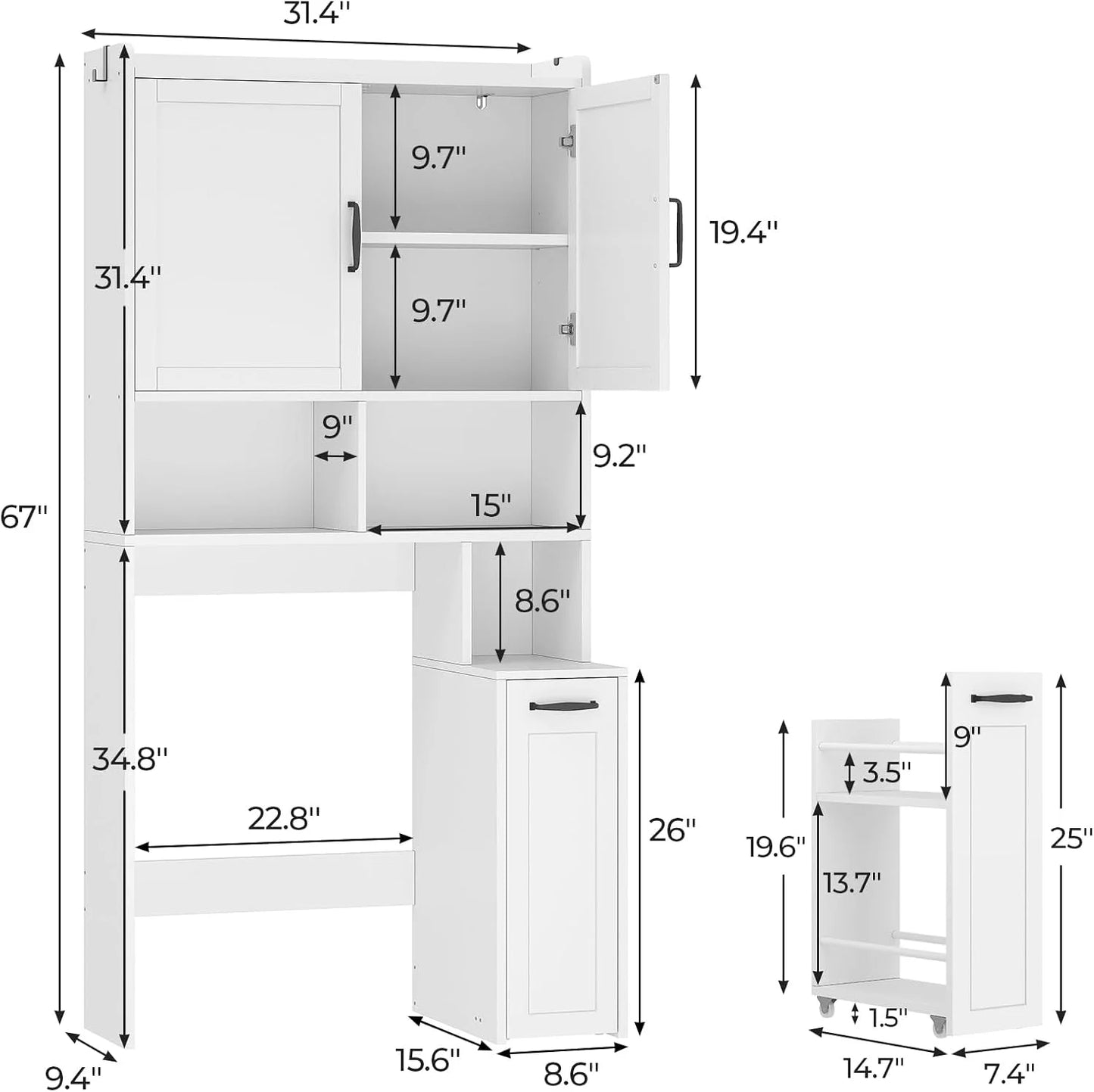 Frhnenha Over The Toilet Storage Cabinet with Pulley, Bathroom Storage Cabinet, with Adjustable Shelf and Open Shelf for Bathroom, Restroom, Laundry, White