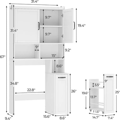 Frhnenha Over The Toilet Storage Cabinet with Pulley, Bathroom Storage Cabinet, with Adjustable Shelf and Open Shelf for Bathroom, Restroom, Laundry, White