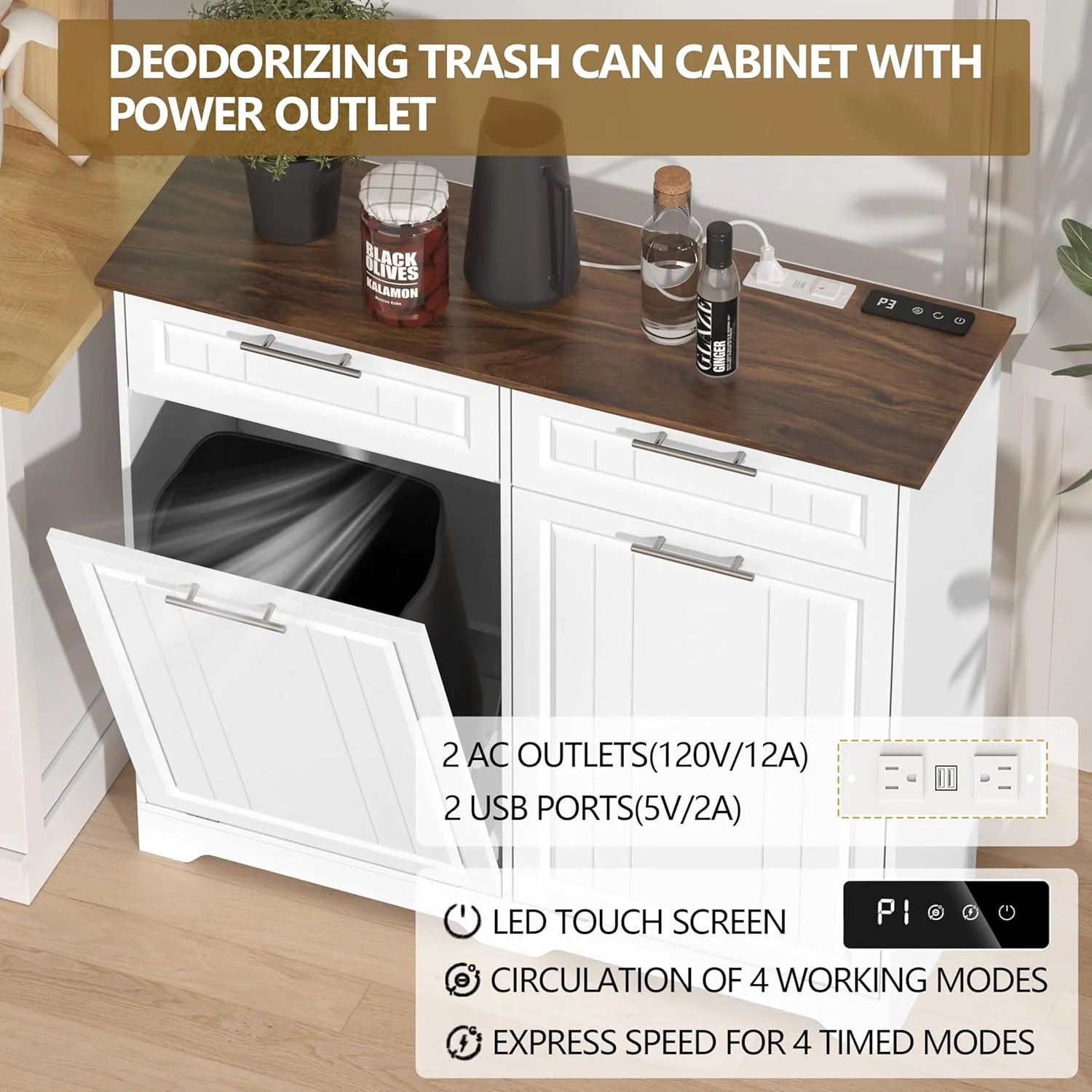 Single 10 Gallon Tilt Out Trash Can Cabinet with Deodorizing Function, Wooden Hidden Garbage Can Holder with Storage Drawers for Kitchen and Dining Room, Laundry Hamper Cabinet for Bathroom, Blue
