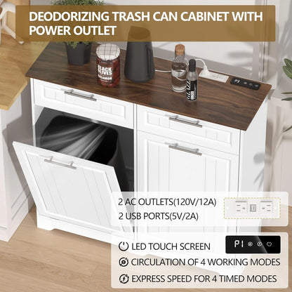 Single 10 Gallon Tilt Out Trash Can Cabinet with Deodorizing Function, Wooden Hidden Garbage Can Holder with Storage Drawers for Kitchen and Dining Room, Laundry Hamper Cabinet for Bathroom, Blue