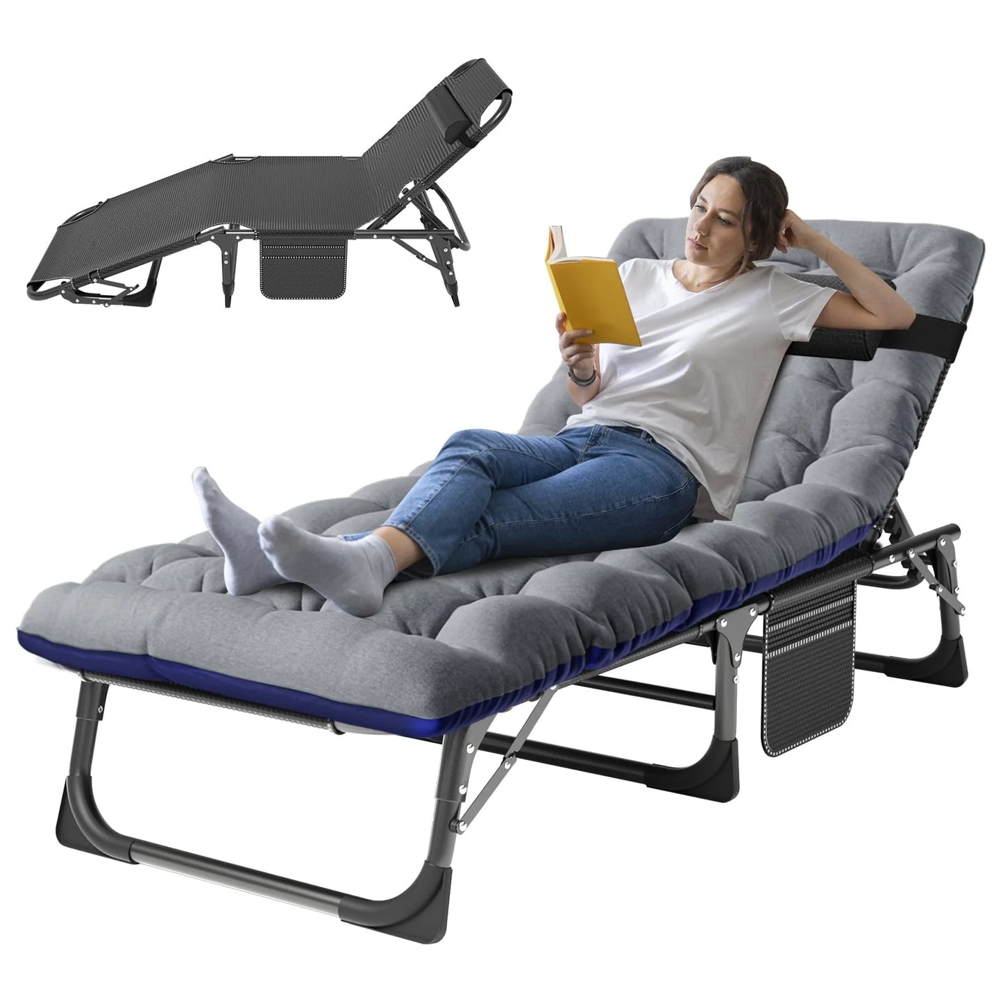 MOPHOTO 75" Adult Camping Cot Folding Cot, Portable Heavy Duty Adjustable 4-Position Sleeping Bed, Outdoor Patio Folding Lounge Chair for Sunbathing with Mattress