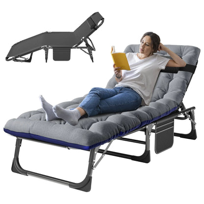 MOPHOTO 75" Adult Camping Cot Folding Cot, Portable Heavy Duty Adjustable 4-Position Sleeping Bed, Outdoor Patio Folding Lounge Chair for Sunbathing with Mattress
