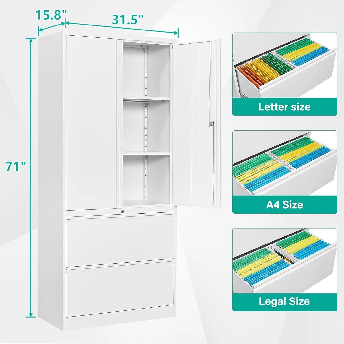 SISESOL Storage Cabinet Metal Display Cabinet with Glass Doors, 71in H x 31.5in W x 15.7in D, White, Kitchen Pantry Cabinet for Home Office, Bathroom, Bedroom, Living Room