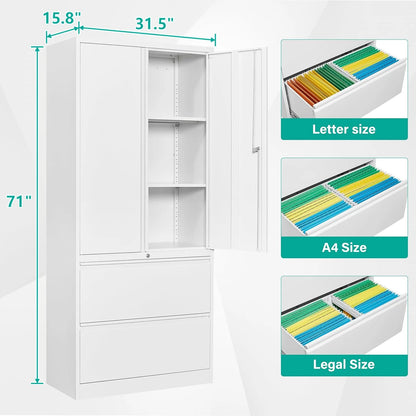 SISESOL Storage Cabinet Metal Display Cabinet with Glass Doors, 71in H x 31.5in W x 15.7in D, White, Kitchen Pantry Cabinet for Home Office, Bathroom, Bedroom, Living Room