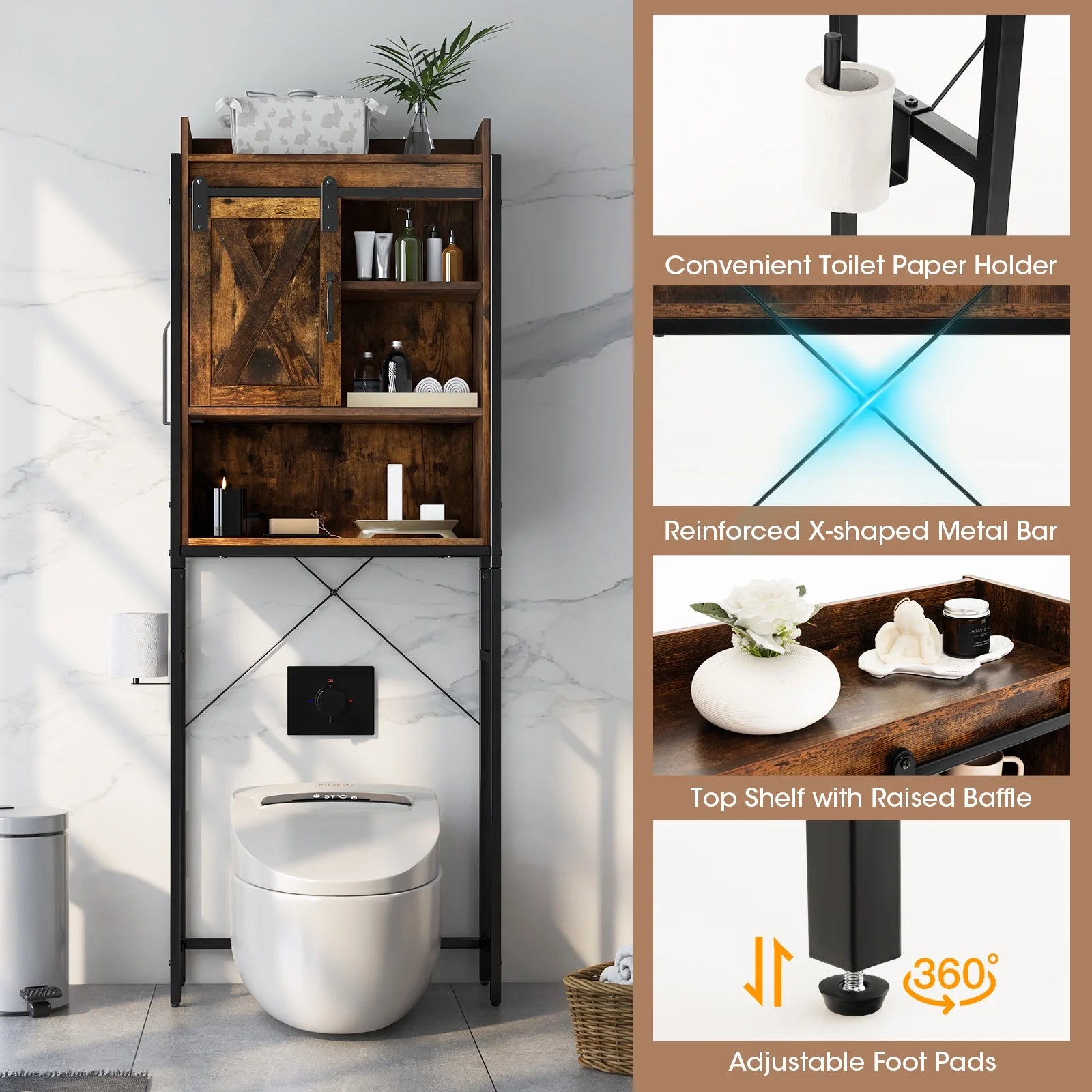 Topbuy Over The Toilet Storage Cabinet 4-Tier Bathroom Organizer w/ Adjustable Shelves Sliding Barn Door & Toilet Paper Holder Rustic Brown