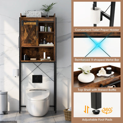 Topbuy Over The Toilet Storage Cabinet 4-Tier Bathroom Organizer w/ Adjustable Shelves Sliding Barn Door & Toilet Paper Holder Rustic Brown
