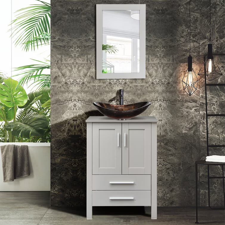 PULUOMIS 24'' Single Bathroom Vanity with Manufactured Wood Top with Mirror, Gray
