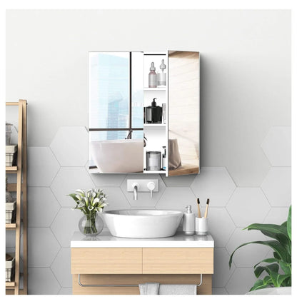 Alieon Bathroom Mirrored Cabinet, 24"x26" Stainless Steel Frame Medicine Cabinet, Wall-Mounted Storage Organizer with Double Doors, Silver