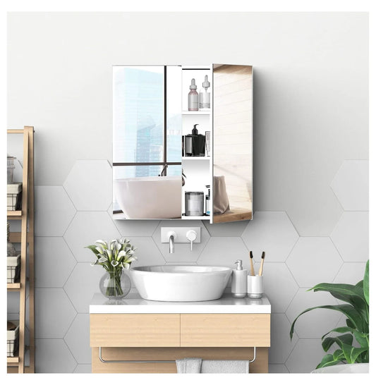 Alieon Bathroom Mirrored Cabinet, 24"x26" Stainless Steel Frame Medicine Cabinet, Wall-Mounted Storage Organizer with Double Doors, Silver