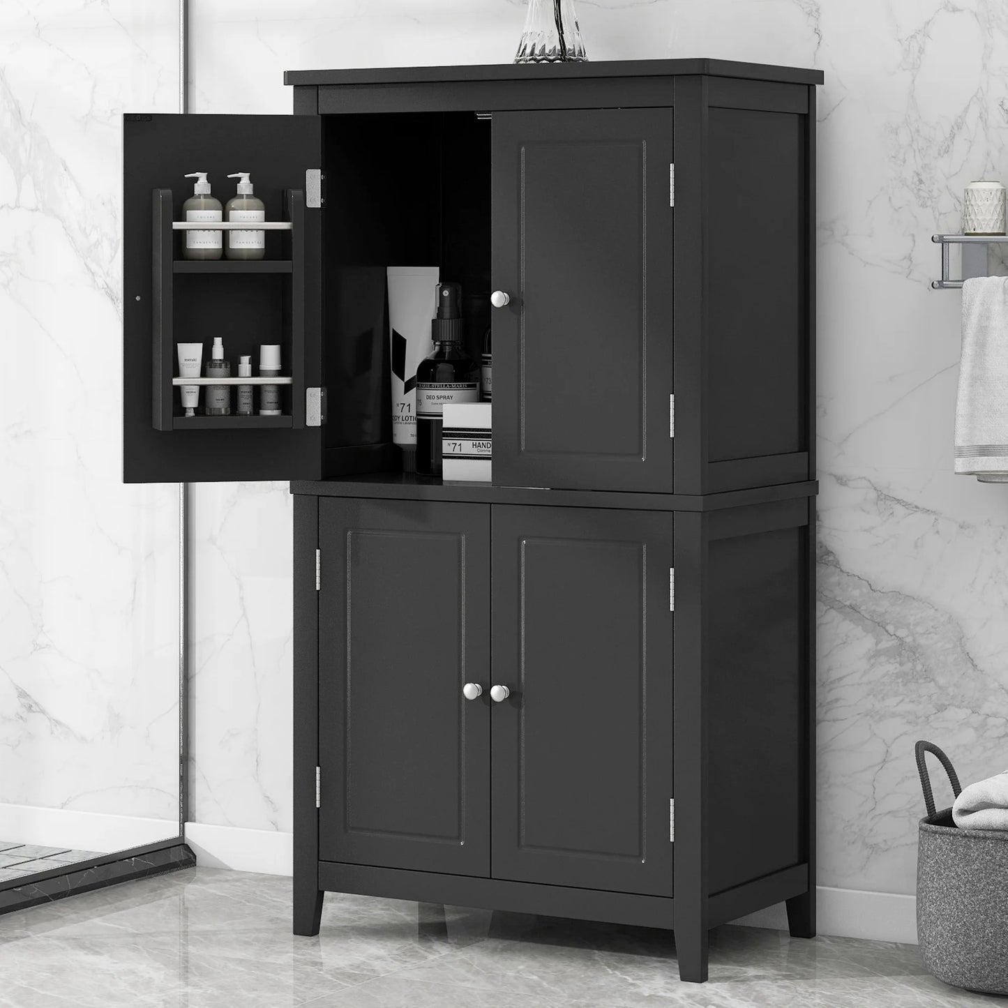 EUROCO Bathroom Floor Storage Cabinet,Bathroom Storage Unit,Freestanding Cabinet with 4 Doors,Adjustable Shelves,Adaptable Shelves,11.8 x 23.6 x 43.3 Inches,White