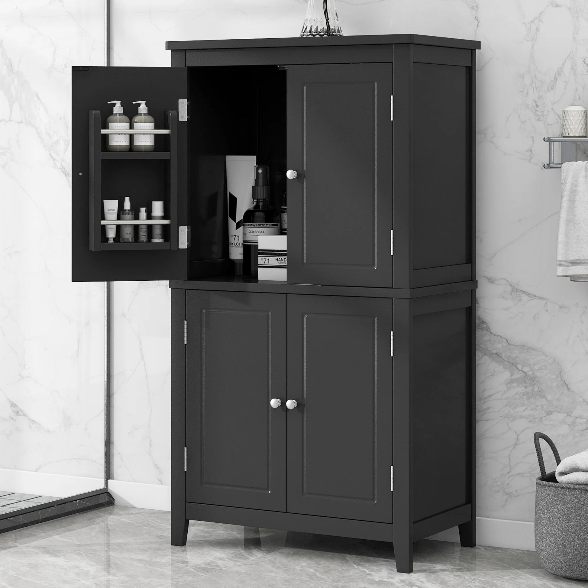 EUROCO Bathroom Floor Storage Cabinet,Bathroom Storage Unit,Freestanding Cabinet with 4 Doors,Adjustable Shelves,Adaptable Shelves,11.8 x 23.6 x 43.3 Inches,White