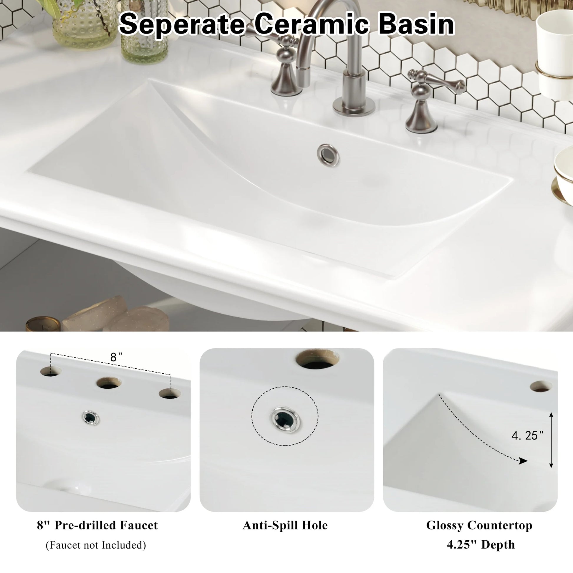 Christopher Knight Home 36" Bathroom Vanity with Sink, Textured Glass Doors, Open Shelf, White