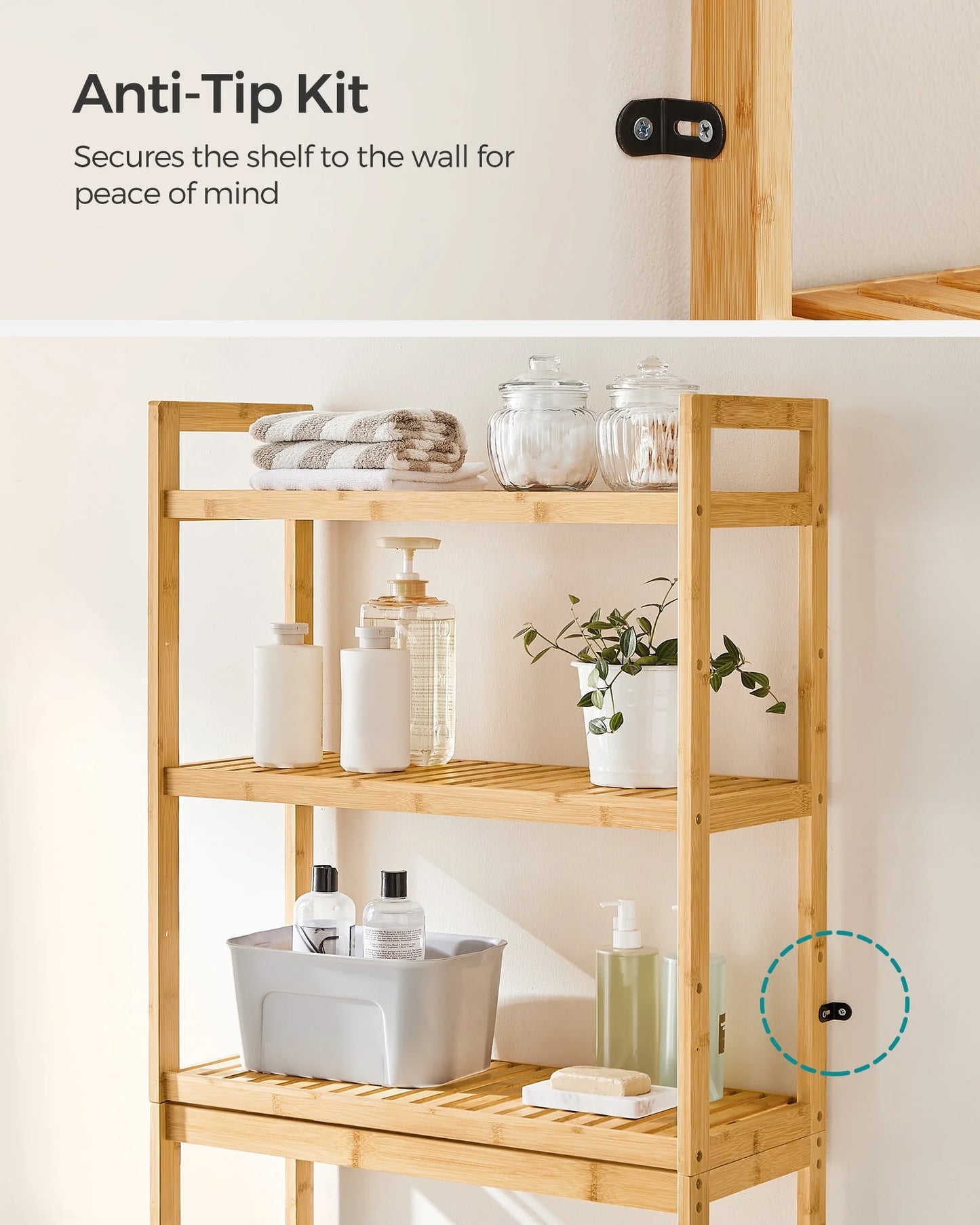 SONGMICS 3-Tier Over The Toilet Storage Bamboo Over Toilet Shelf Bathroom Storage Organizer with Adjustable Shelf Natural