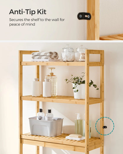 SONGMICS 3-Tier Over The Toilet Storage Bamboo Over Toilet Shelf Bathroom Storage Organizer with Adjustable Shelf Natural