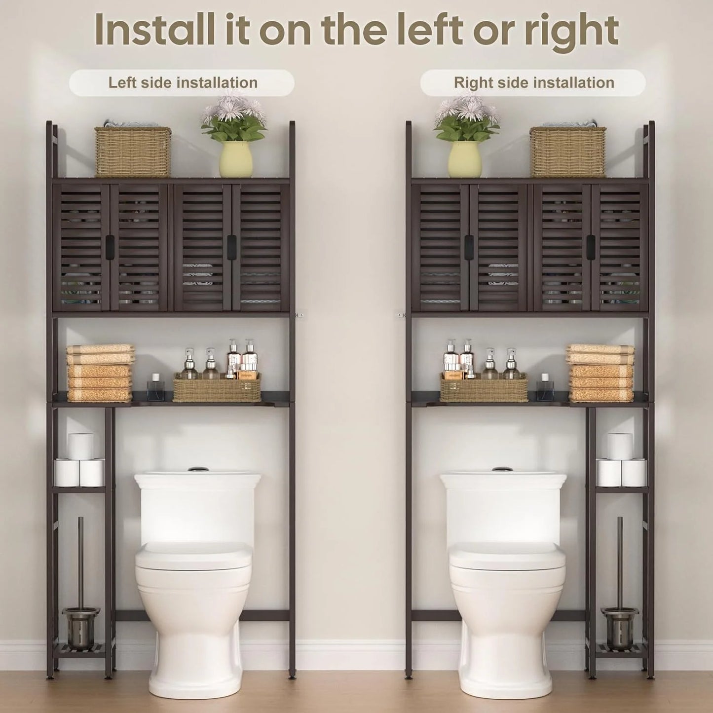 Over The Toilet Storage Cabinet with Paper Holder Stand,Bamboo Bathroom Organizer Shelf with Four Door and Waterproof Feet Pad,Space Saver Rack with Anti-Tip Design (Brown)