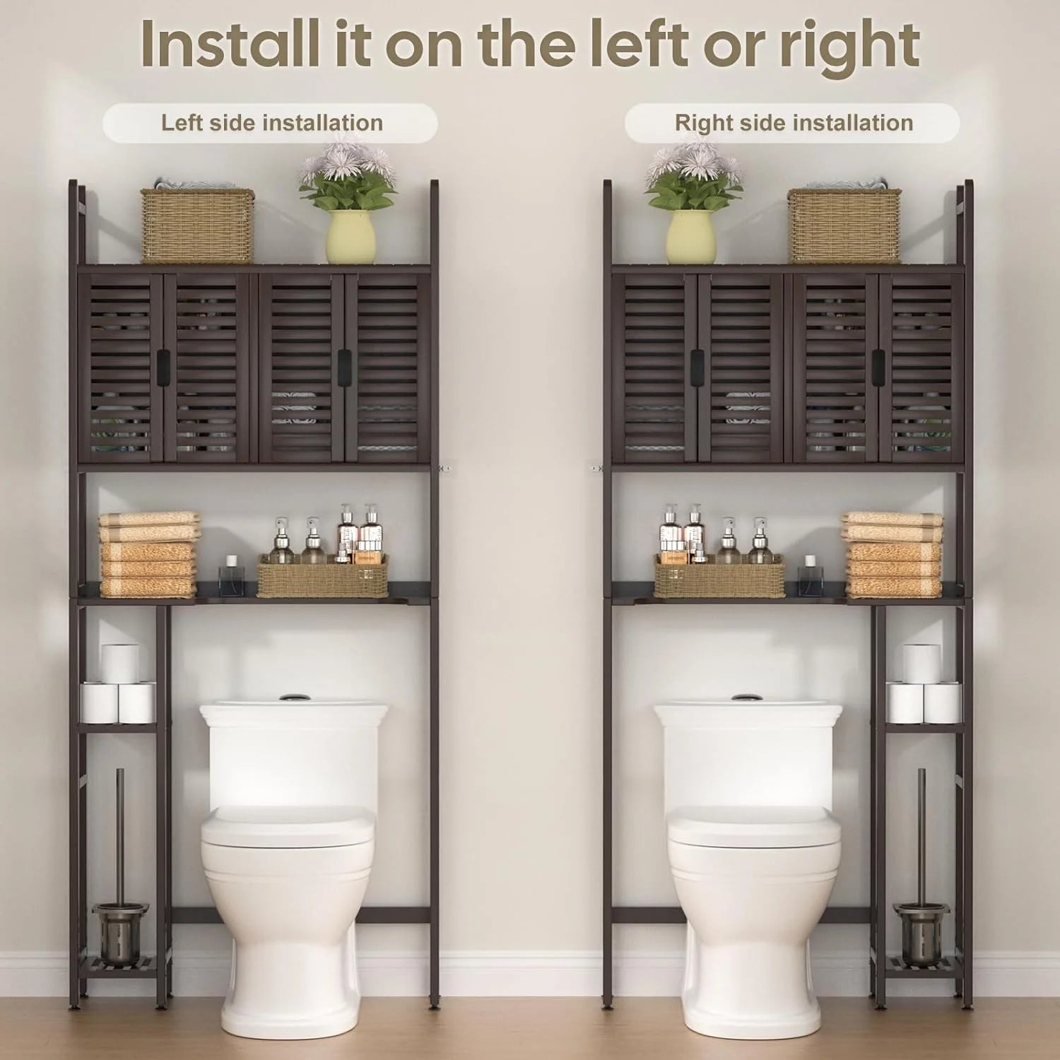 Over The Toilet Storage Cabinet with Paper Holder Stand,Bamboo Bathroom Organizer Shelf with Four Door and Waterproof Feet Pad,Space Saver Rack with Anti-Tip Design (Brown)