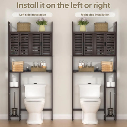 Over The Toilet Storage Cabinet with Paper Holder Stand,Bamboo Bathroom Organizer Shelf with Four Door and Waterproof Feet Pad,Space Saver Rack with Anti-Tip Design (Brown)