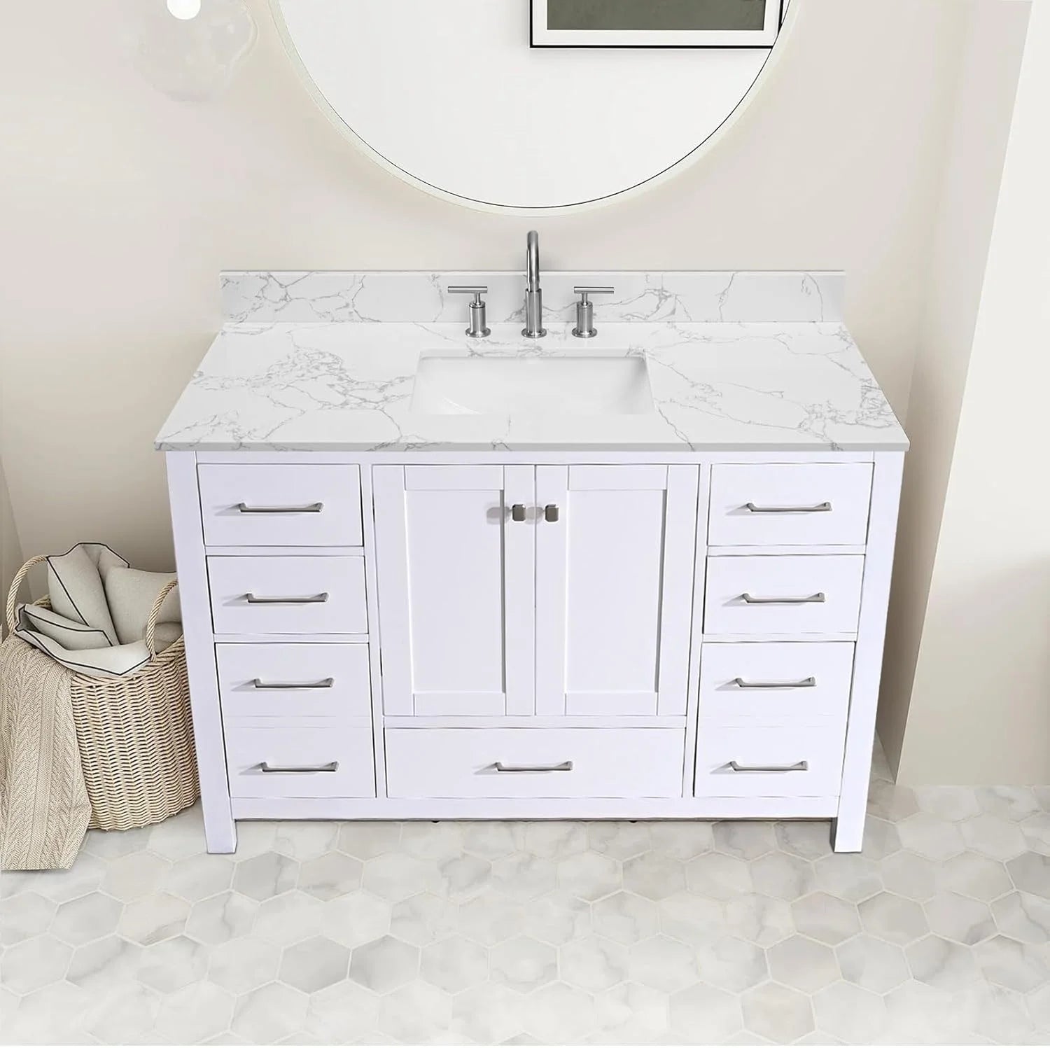36x22 Engineered Stone Vanity Sink Top, White Bathroom Countertop with Undermount Left Sink, Vanity Top with 8 inch 3 Faucet Hole Spacing and Backsplash