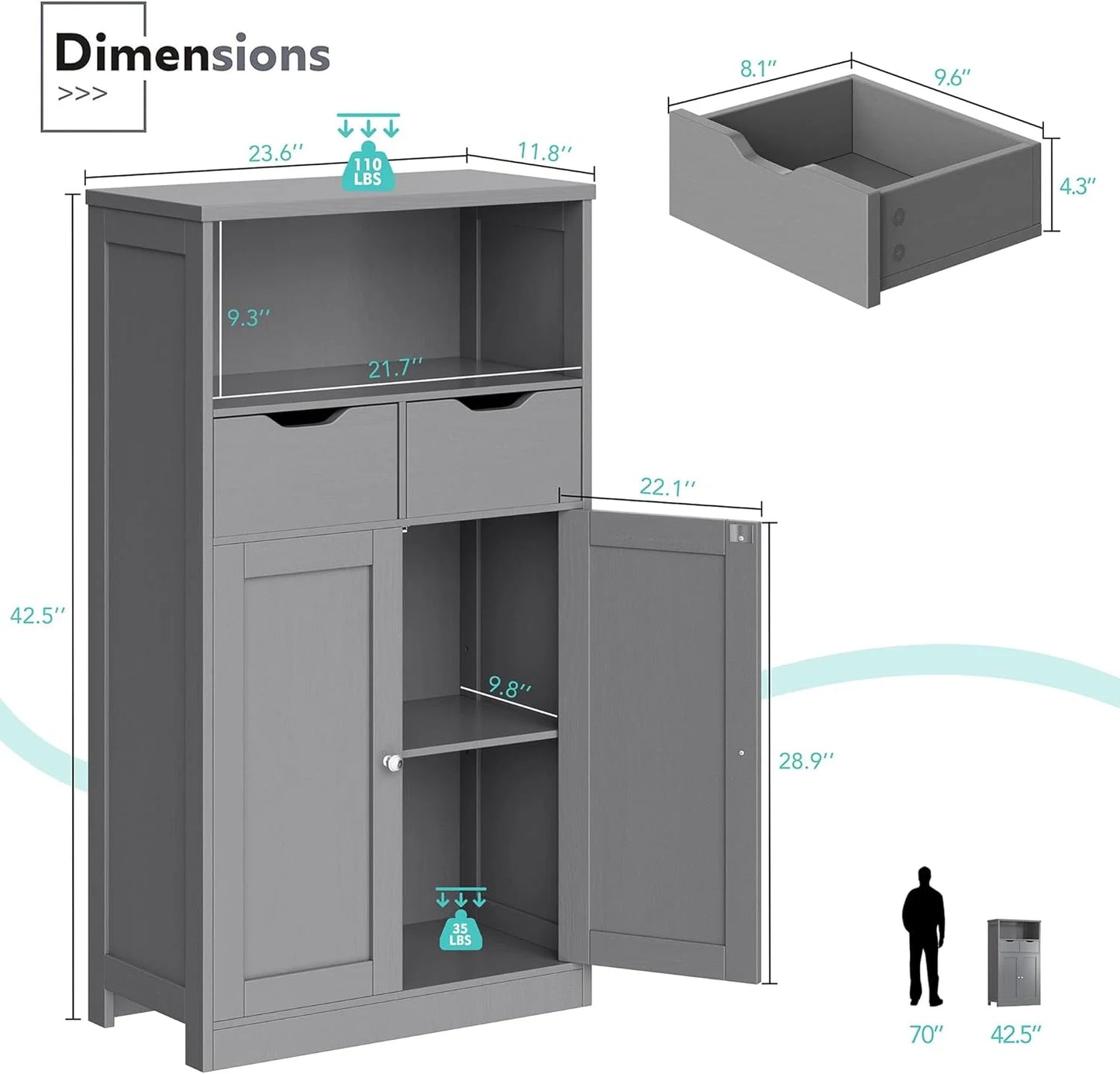Vongrasig Farmhouse Freestanding Pantry Cabinet with 2 Drawers and Shelves, Wooden Storage Organizer for Bathroom, Living Room, Grey