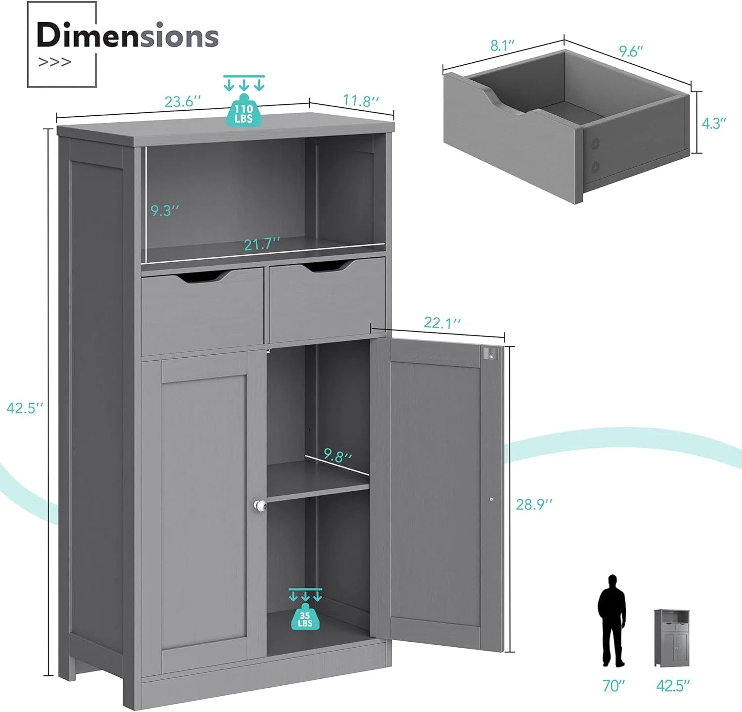 Vongrasig Farmhouse Freestanding Pantry Cabinet with 2 Drawers and Shelves, Wooden Storage Organizer for Bathroom, Living Room, Grey
