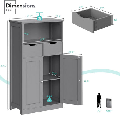 Vongrasig Farmhouse Freestanding Pantry Cabinet with 2 Drawers and Shelves, Wooden Storage Organizer for Bathroom, Living Room, Grey
