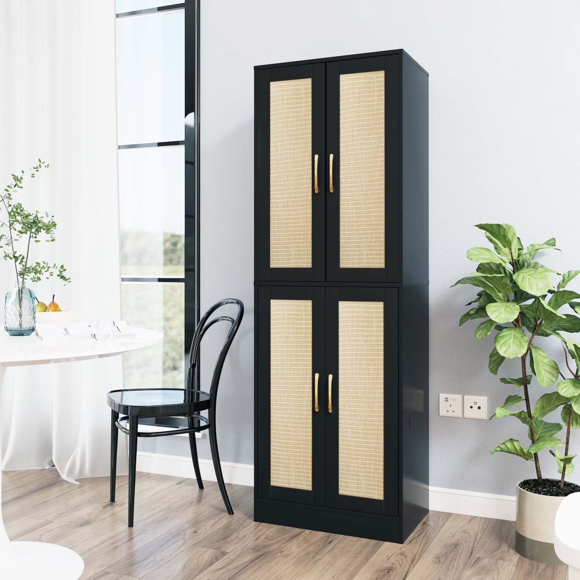 BOCVKENN Storage Cabinet - Kitchen Pantry Cabinet, Tall Pantry Storage Cabinet Freestanding with 4 Rattan Doors and Adjustable Shelves, Cupboard Cabinet for Dining Living Room, Laundry, Bathroom