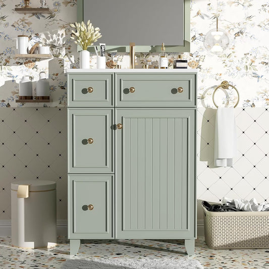 24-Inch Bathroom Vanity Cabinet with Ceramic Sink, 2 Drawers, 1 Door, Light Green