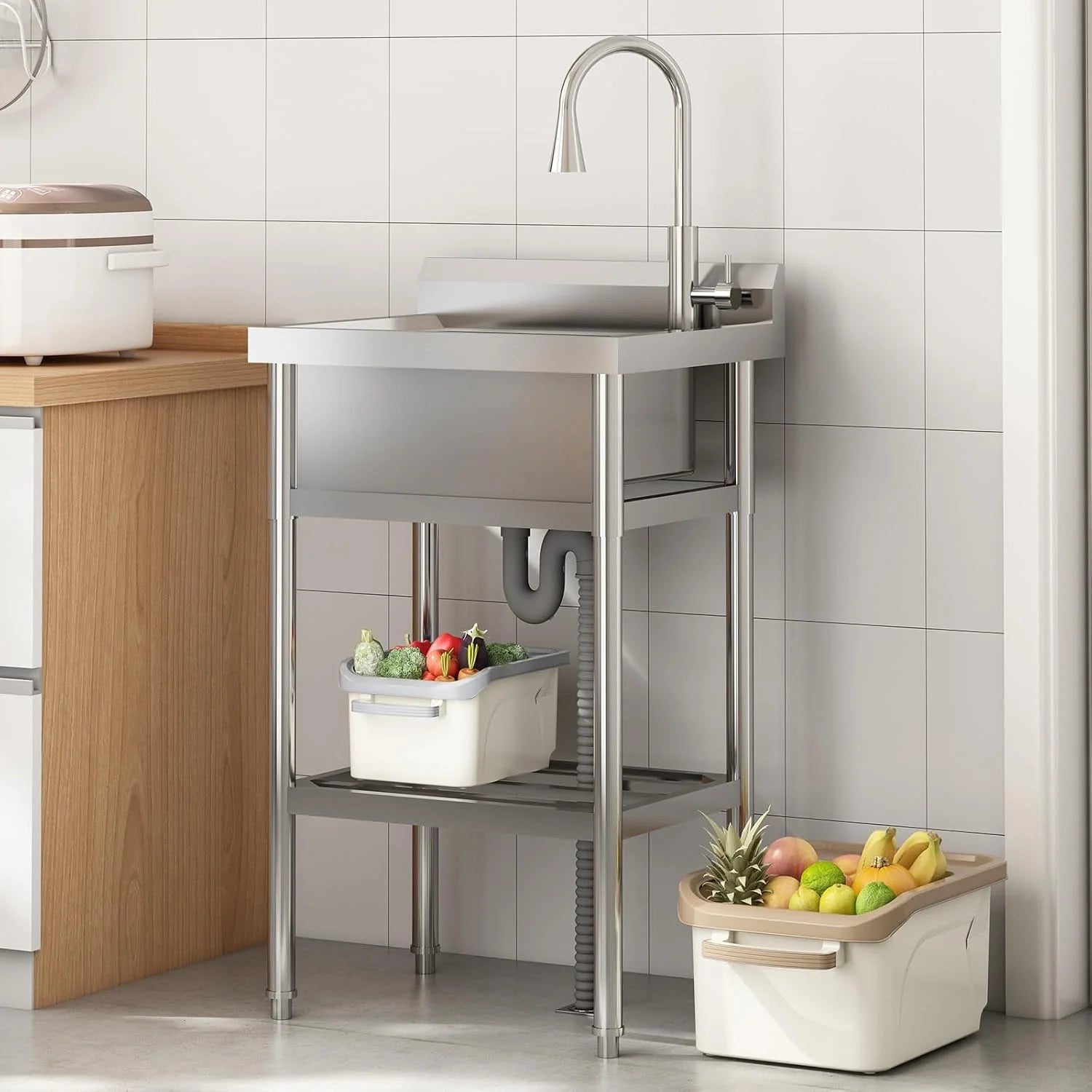 TROPOW 24x20x42 Inch Stainless Steel Utility Sink, Freestanding Single Bowl with Cold and Hot Water Pipe and Faucet, Commercial Sink Kitchen Sink for Restaurant Laundry Room Bathroom Garage Garden