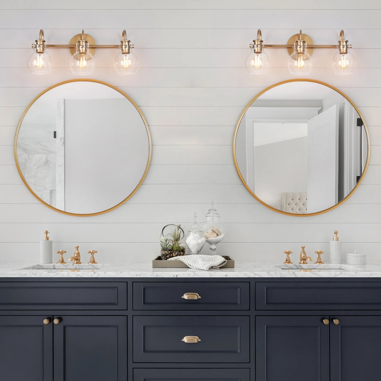 LNC 3-Light Gold Round Clear Glass Shade Modern Bathroom Vanity Lighting Fixutre