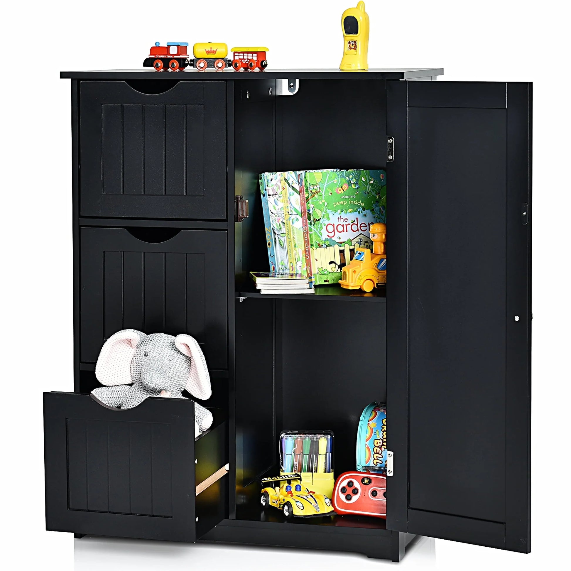 Costway Bathroom Floor Cabinet Side Storage Cabinet with 3 Drawers and 1 Cupboard Black