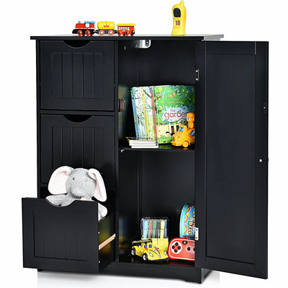 Costway Bathroom Floor Cabinet Side Storage Cabinet with 3 Drawers and 1 Cupboard Black