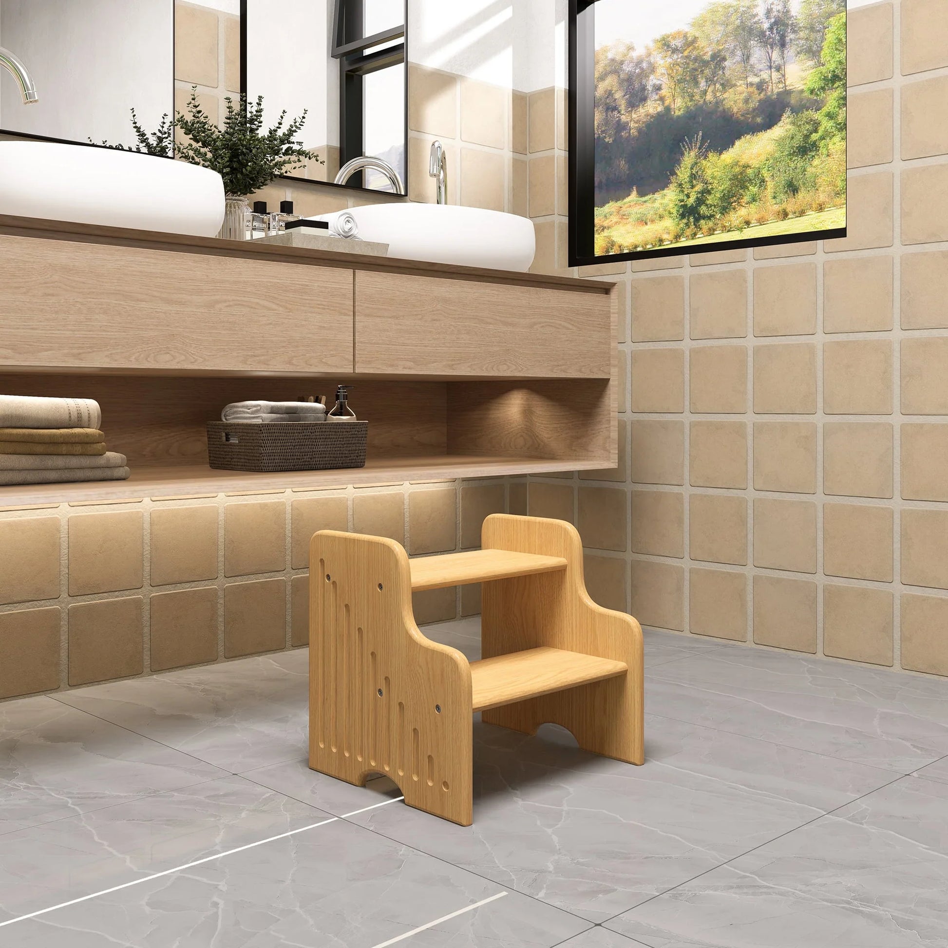 CONSDAN Hardwood Oak 2-Tier Step Stool, Kids Stool for Bathroom Kitchen Toilet, Natural Color