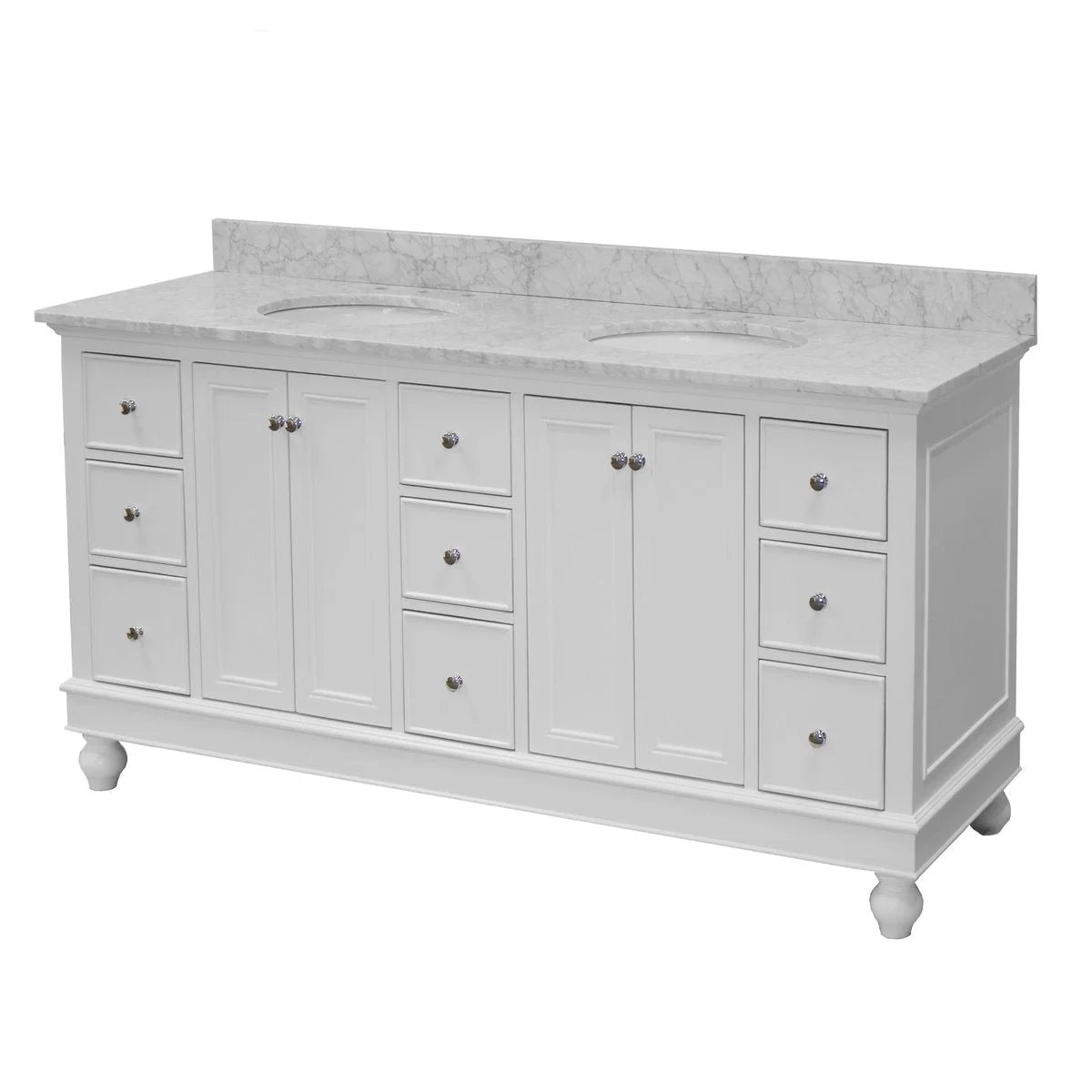 Bella 72" Double Bathroom Vanity with White Cabinet and Carrara Marble Top