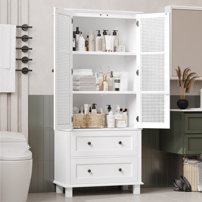 Homfa Bathroom Cabinet with Rattan Doors, Rattan Linen Storage Cabinet with 2 Drawers, Oak