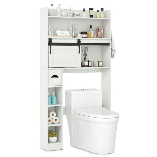 Topcobe Over The Toilet Storage Cabinet with Sliding Barn Door and Adjustable Shelves, Bathroom Furniture, Bathroom Shelves, White