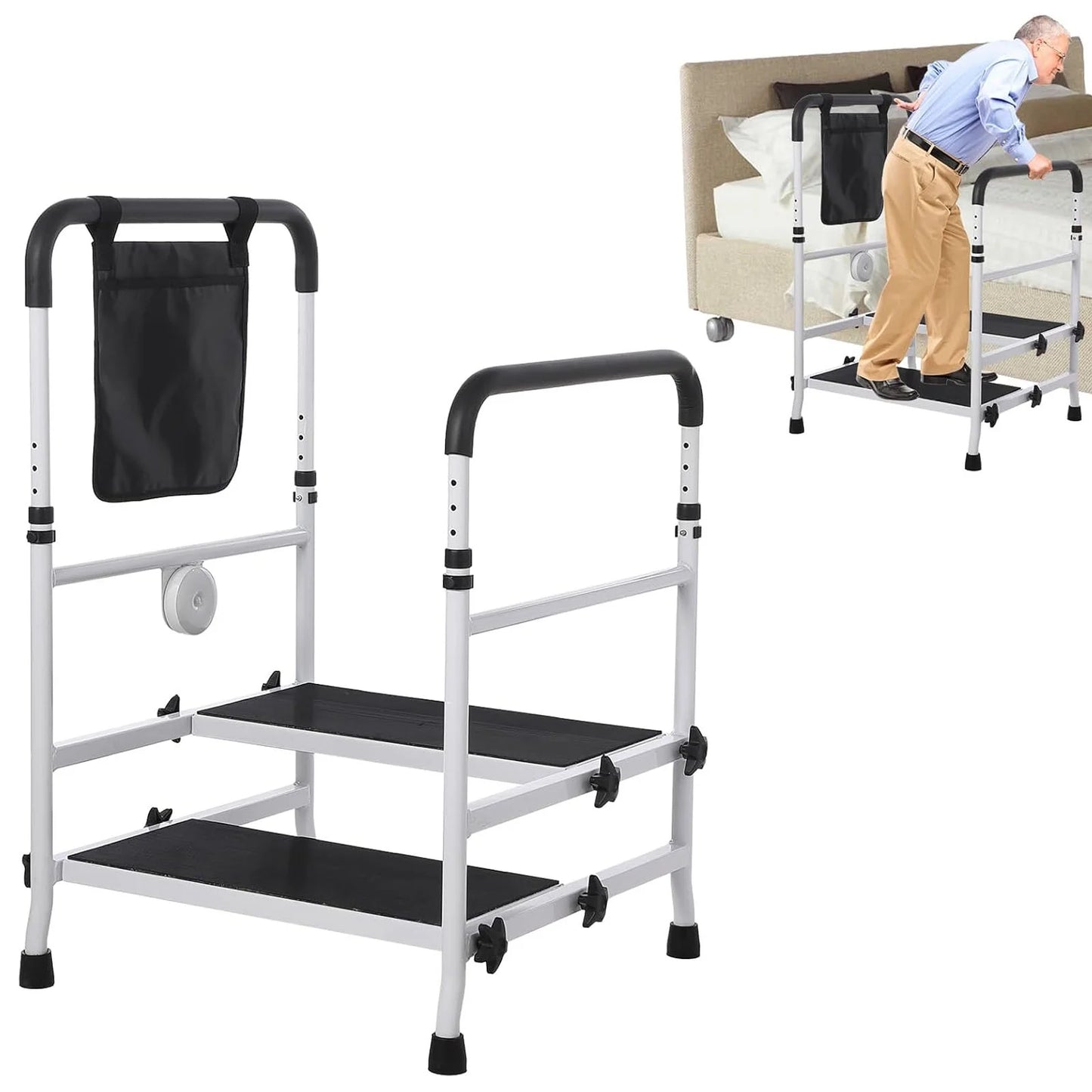 Bed Step Stool for High Bed for Elderly, Bed Rails for Elderly with Adjustable Height Bed Step Stool, Bed Safety Rail Up to 440 Lbs with Handicap Grab Bars for Fall Prevention for Bedside, Bathtub