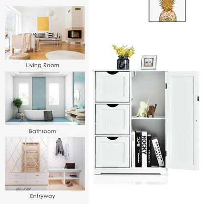 Costway Bathroom Floor Cabinet Side Storage Cabinet with 3 Drawers and 1 Cupboard White