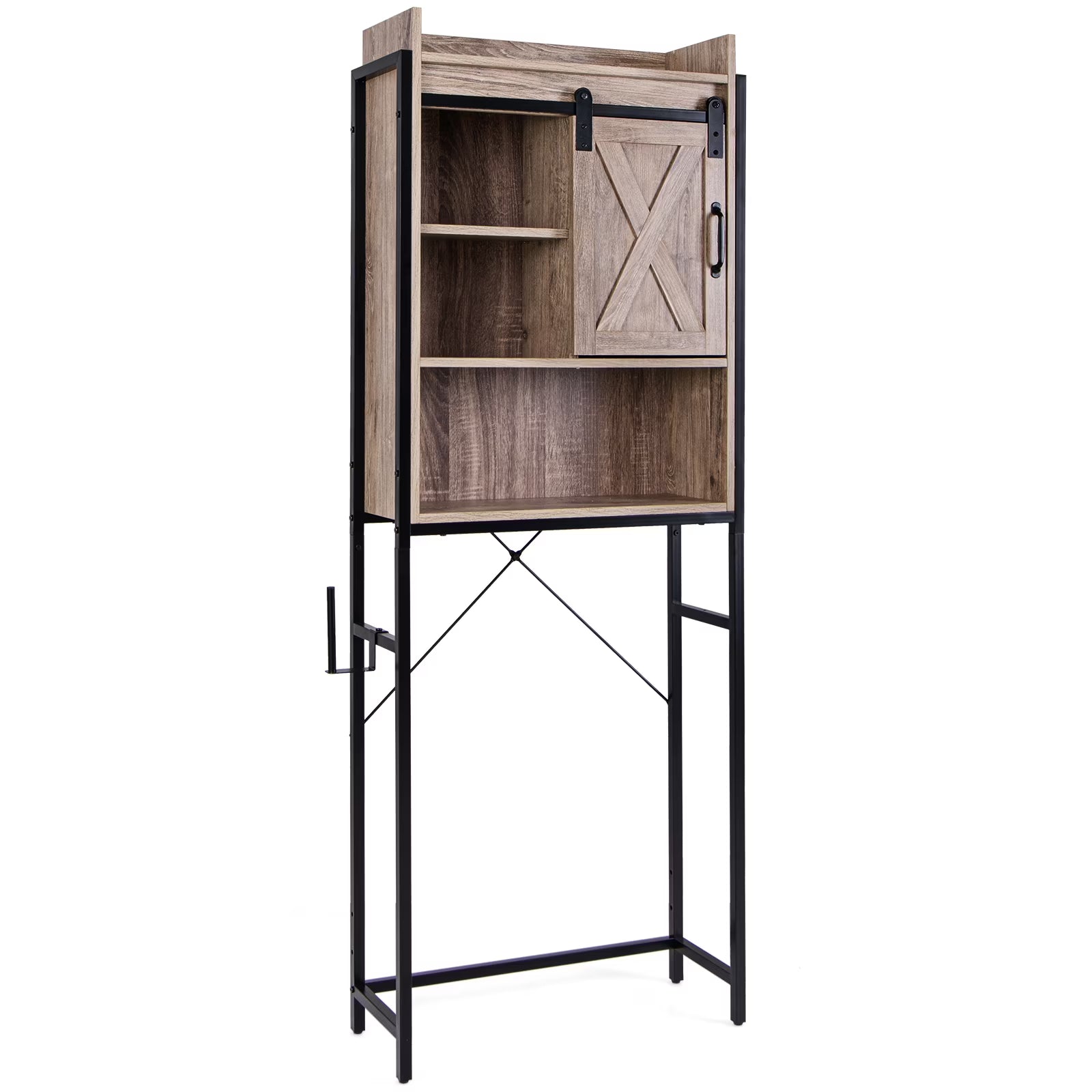 Topbuy Over The Toilet Storage Cabinet 4-Tier Bathroom Organizer w/ Adjustable Shelves Sliding Barn Door & Toilet Paper Holder Rustic Brown
