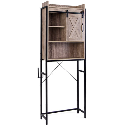 Topbuy Over The Toilet Storage Cabinet 4-Tier Bathroom Organizer w/ Adjustable Shelves Sliding Barn Door & Toilet Paper Holder Rustic Brown
