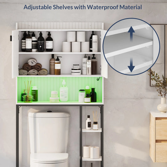 BELLEZE Over The Toilet Storage Cabinet with LED Light, Freestanding Above Toilet Rack with Adjustable Shelf, Bathroom Space Savers Anti-Tipping Device Included - Murano (White)