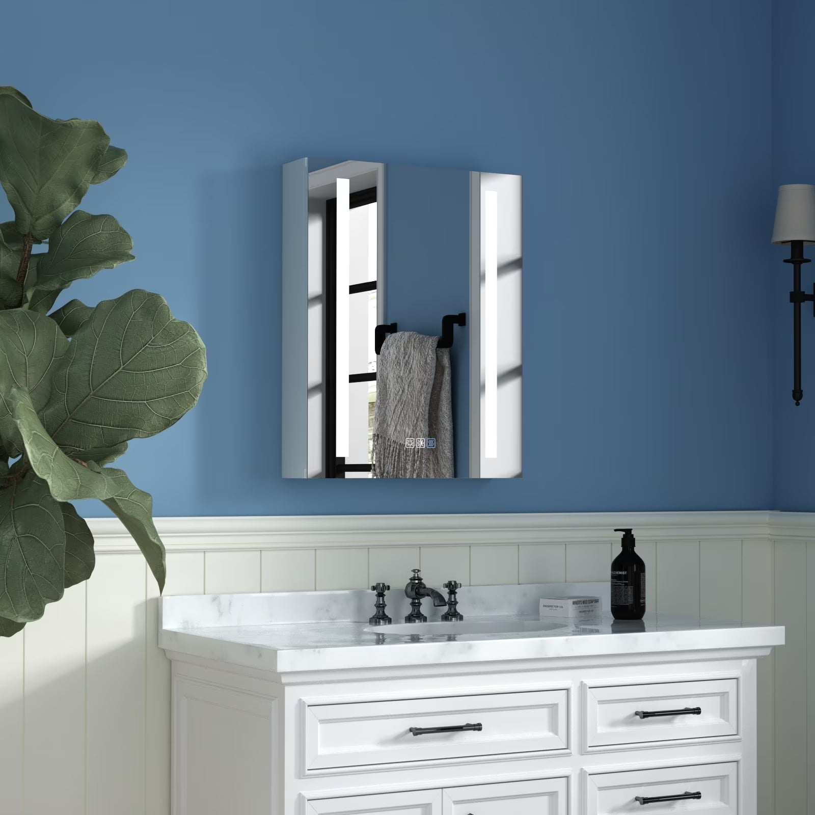 ExBrite 3 Touch Switch LED Lighted Bathroom Medicine Cabinet with Mirror, Recessed or Surface Mount, Defog, Stepless Dimming Right-hinged 20" x 26"