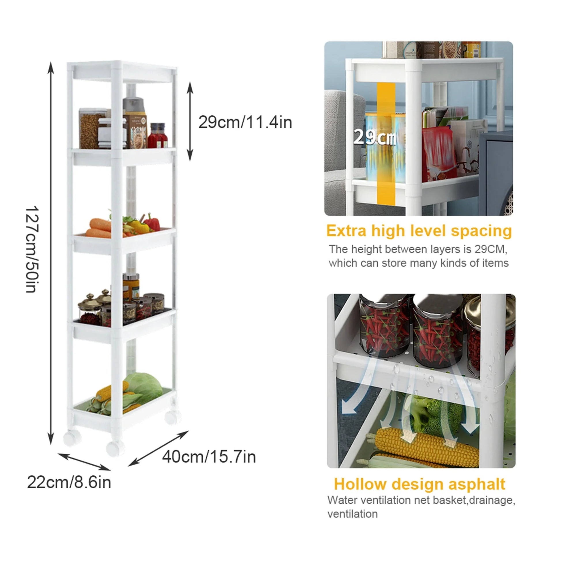 Untyo 5-Tier Slim Bathroom Storage Cart with Rolling Wheels,Kitchen Rolling Utility Cart for Narrow Space, White