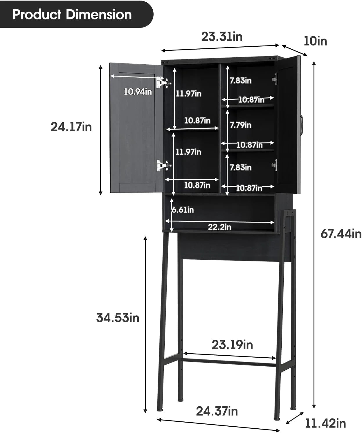 Vabches Over The Toilet Storage Cabinet, 68" H Farmhouse Freestanding Bathroom Storage Organizer with Double Doors & Storage Shelves