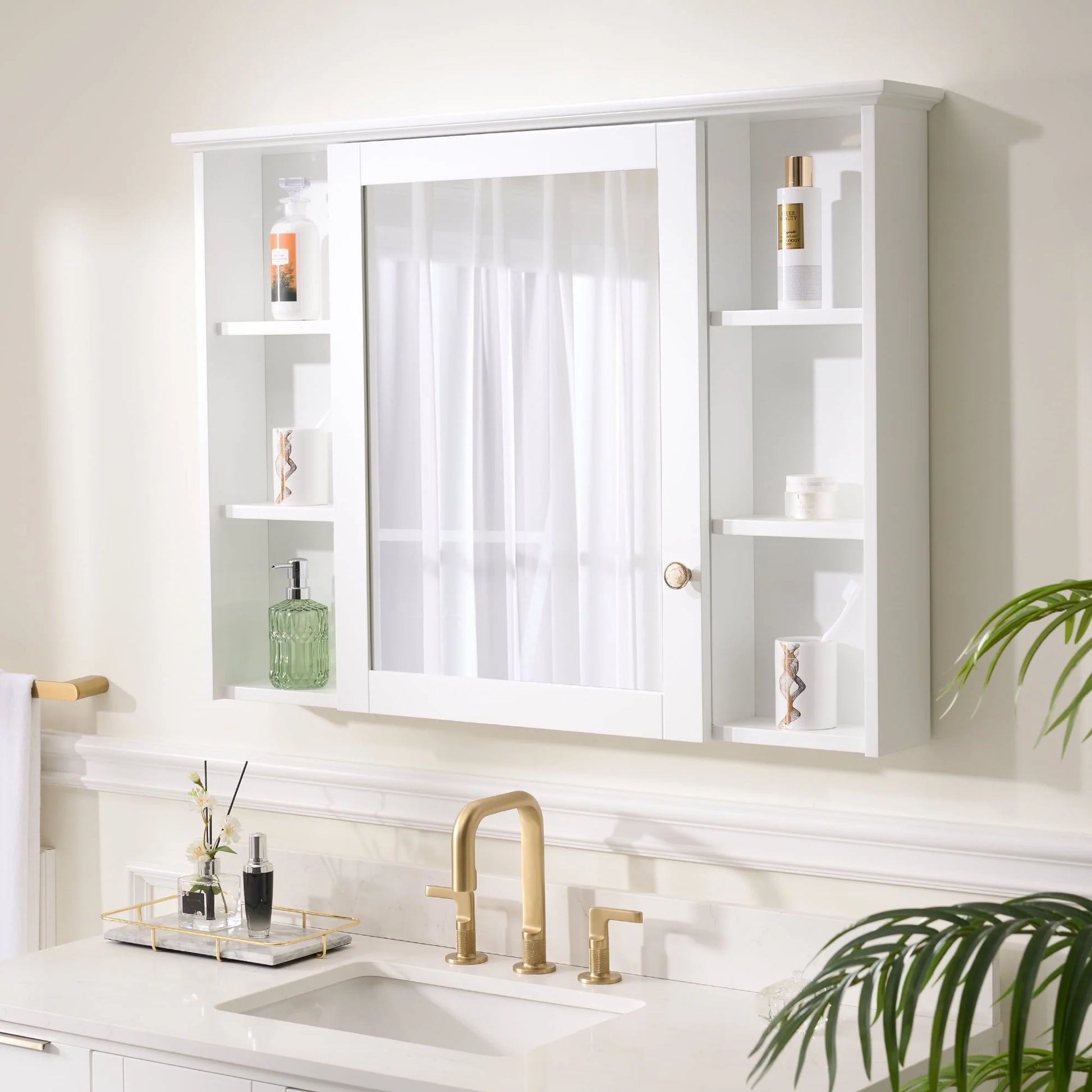 Forclover 42"x 30" Wall Mounted Mirrored Medicine Cabinet for Bathroom, 6 Tier Wood Mirror Cabinet Storage with 1 Soft-close Door, Bathroom Accessory, White