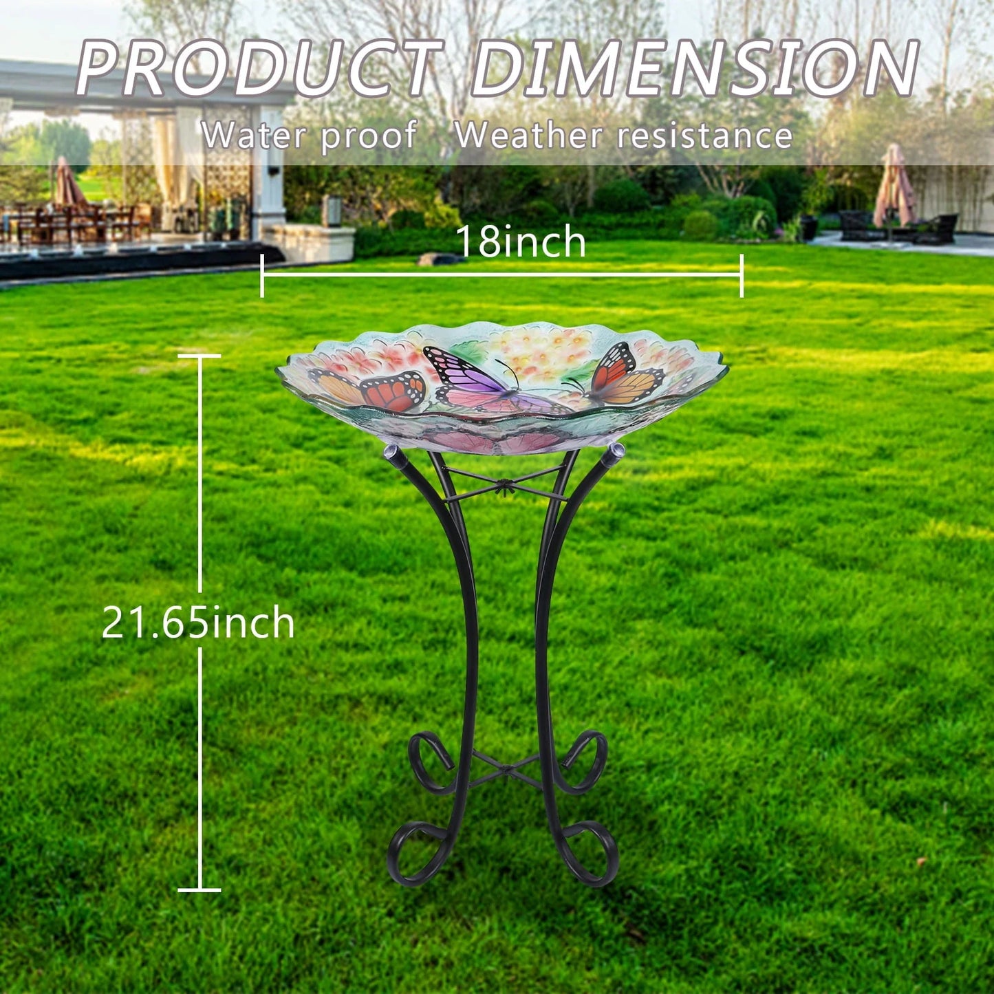 Glass Birdbath with Metal Stand Outdoor for Lawn Yard Garden Butterfly Decor, 18�?Dia 21.65�?Height