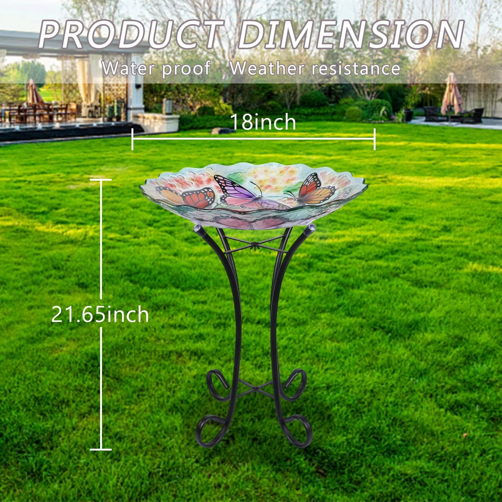 Glass Birdbath with Metal Stand Outdoor for Lawn Yard Garden Butterfly Decor, 18�?Dia 21.65�?Height