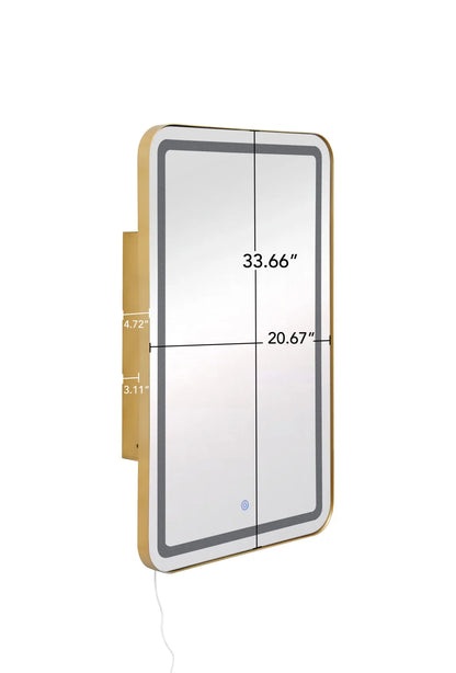 21x34 Inch Gold Medicine Cabinet with LED Mirror, Wall Mounted Bathroom Storage with Adjustable Glass Shelves, Recessed or Surface Mount Design